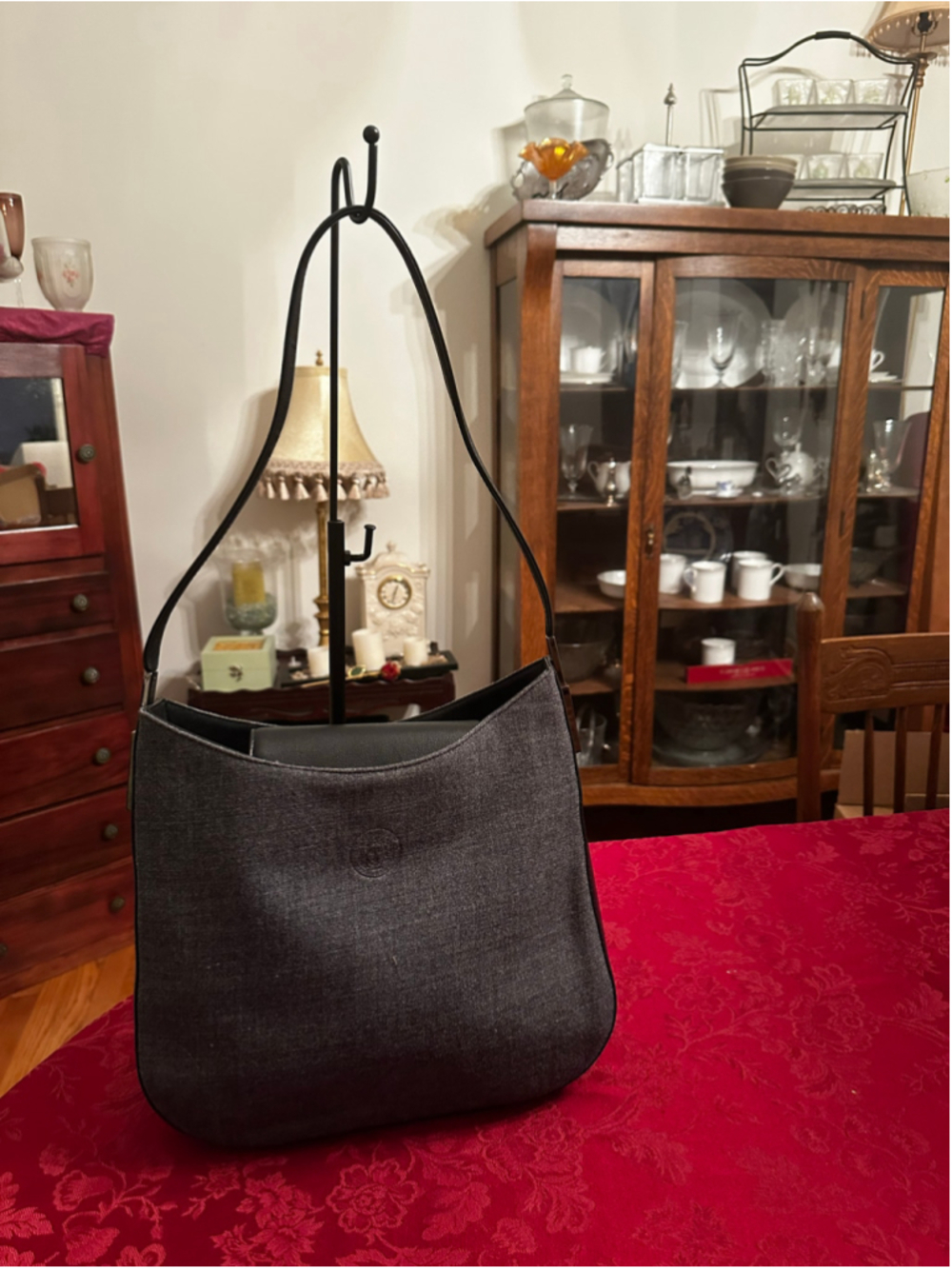 Gianni Versace Gray Wool and Black Leather Medusa Hobo Bag